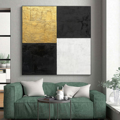 Black, Gold, White with Bold Squares "Minimalist Impact" Abstract Painting On Canvas HB009