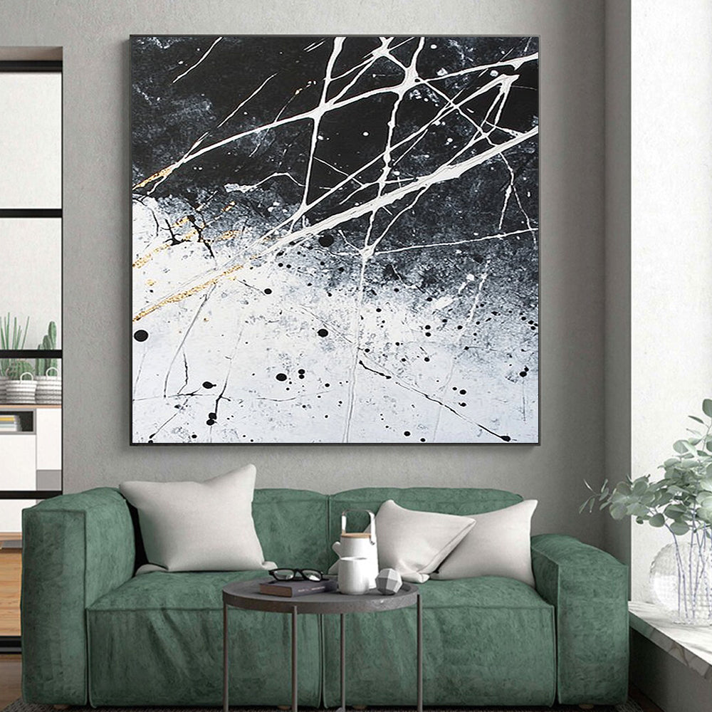 Black, White, Gray, Gold, Splattered Web "Golden Entanglement" Abstract Expressionist Painting On Canvas HB063