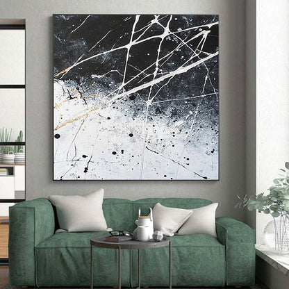 Black, White, Gray, Gold, Splattered Web "Golden Entanglement" Abstract Expressionist Painting On Canvas HB063