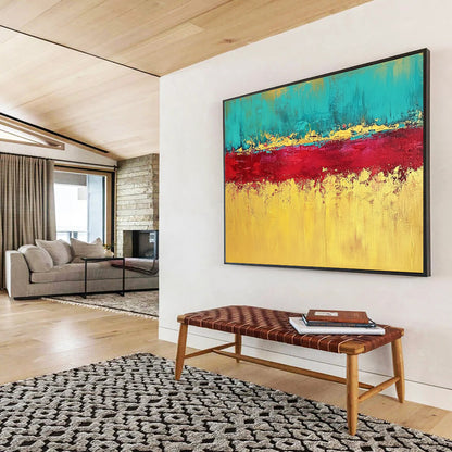 “Teal, Red, and Gold Abstract Horizon” - Teal, red, gold, yellow; Abstract color - block horizon; Acrylic Painting On Canvas HB1221