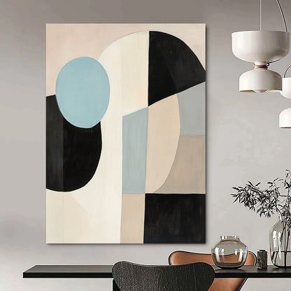 Contemporary abstract painting featuring large black white and beige shapes with a blue circle on a light pink background in soft minimalist style. DLZ1040