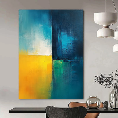 Contemporary abstract painting featuring calming blue green white and yellow hues with a light teal background and minimalist dark blue contrast bar. DLZ0355