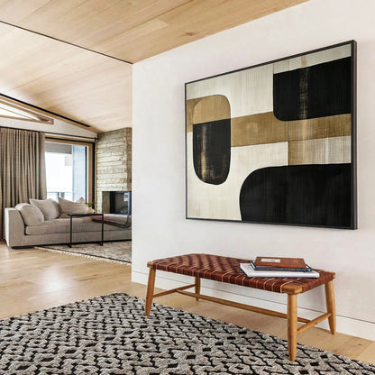 “Minimalist Gold - Black Shapes” - Gold, Black, Minimalist Abstract Painting On Canvas HB0782