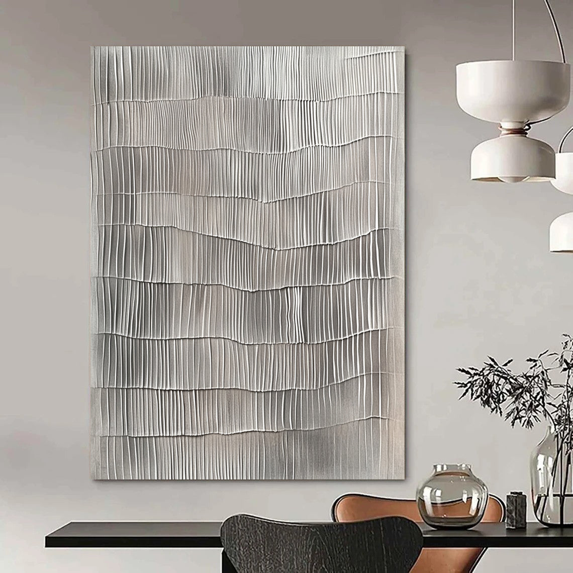 Contemporary hand-painted abstract art features textured gray vertical lines resembling wavy wood surfaces on a neutral gray background. DLZ1481
