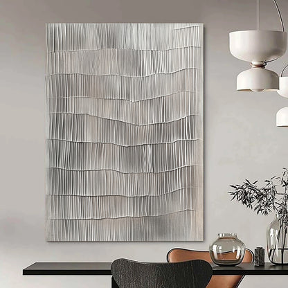 Contemporary hand-painted abstract art features textured gray vertical lines resembling wavy wood surfaces on a neutral gray background. DLZ1481