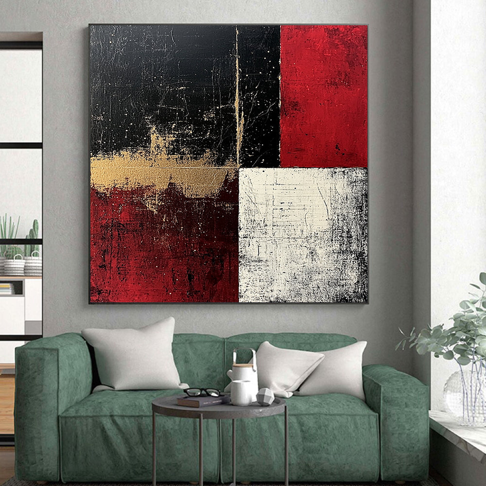 Black, Red, White, Gold, Geometric Blocks "Rustic Drama" Abstract Painting On Canvas HB039
