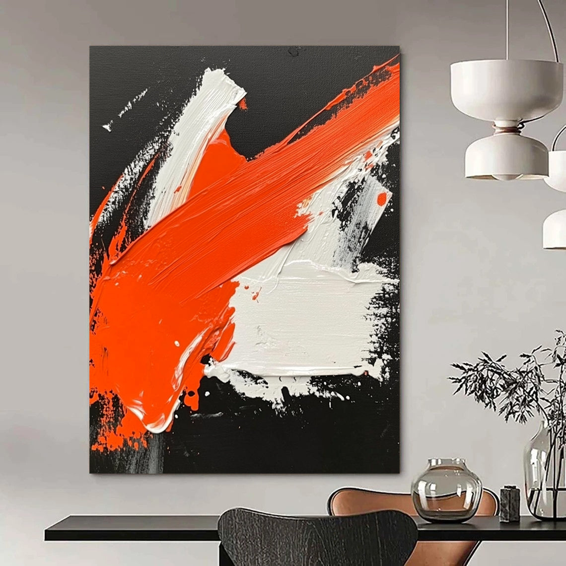 Contemporary hand-painted abstract artwork featuring dynamic orange and white strokes on a striking black background inspired by Wu Guanzhong. DLZ0499