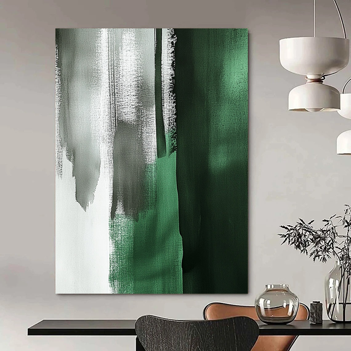 Large contemporary abstract painting featuring emerald green and gray brushstrokes with a minimalist Japandi aesthetic in a vertical format. DLZ1624