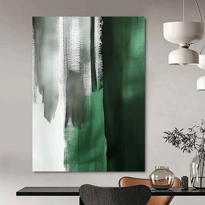 Large contemporary abstract painting featuring emerald green and gray brushstrokes with a minimalist Japandi aesthetic in a vertical format. DLZ1624