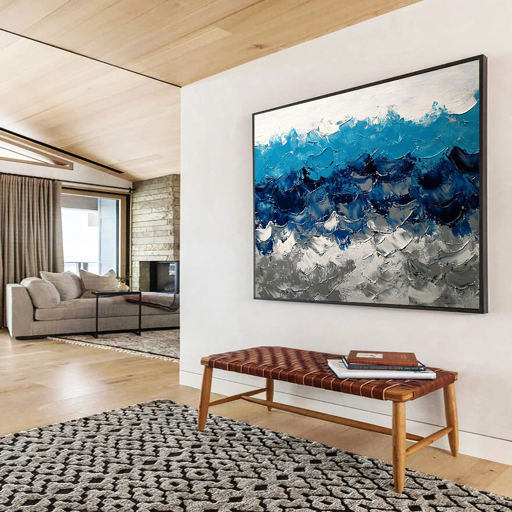 “Bold Blue Wave Textures” - Blue, White, Gray, Bold Wave Textures Painting On Canvas HB0975