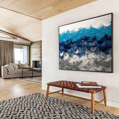 “Bold Blue Wave Textures” - Blue, White, Gray, Bold Wave Textures Painting On Canvas HB0975