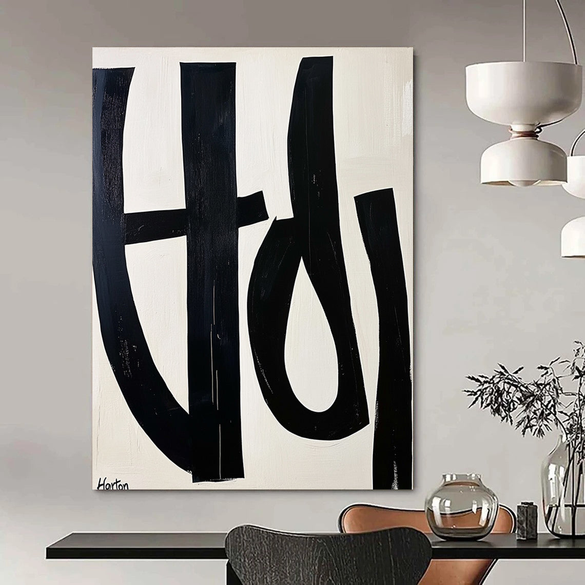 Contemporary abstract art featuring bold black and white letters forming "Horton" on a light cream background with minimalist design and clean geometric shapes. DLZ0749
