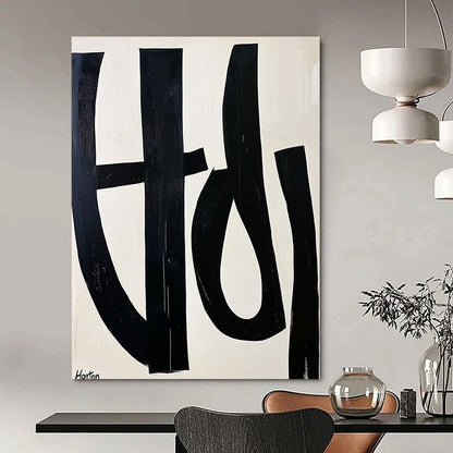 Contemporary abstract art featuring bold black and white letters forming "Horton" on a light cream background with minimalist design and clean geometric shapes. DLZ0749