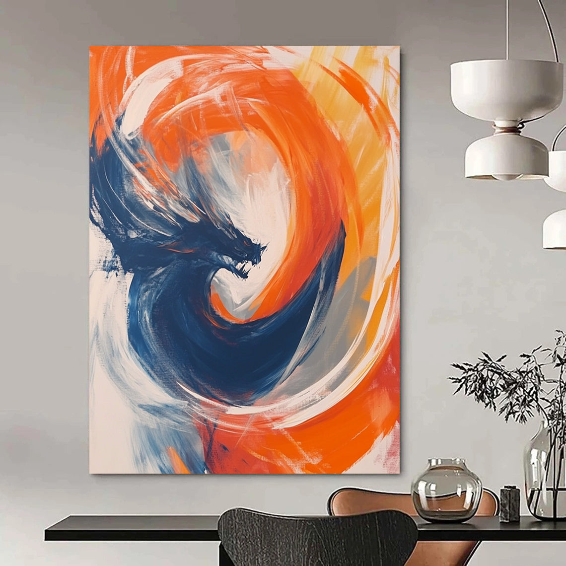Contemporary abstract artwork featuring vibrant orange and blue circular forms with fluid movement, white strokes, and a dynamic dragon motif at the center. DLZ1014