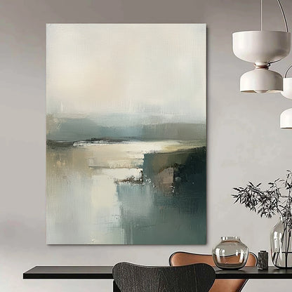Contemporary abstract art featuring an Irish landscape with expressive brush strokes in grey and green tones and a hazy neutral palette. DLZ0461