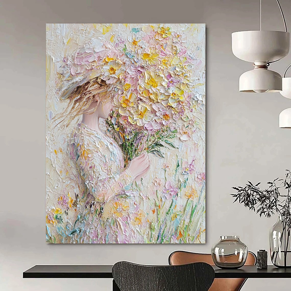 Contemporary abstract art featuring impasto technique vibrant spring flowers in pastel hues perfect for enhancing wall decor. DLZ1666