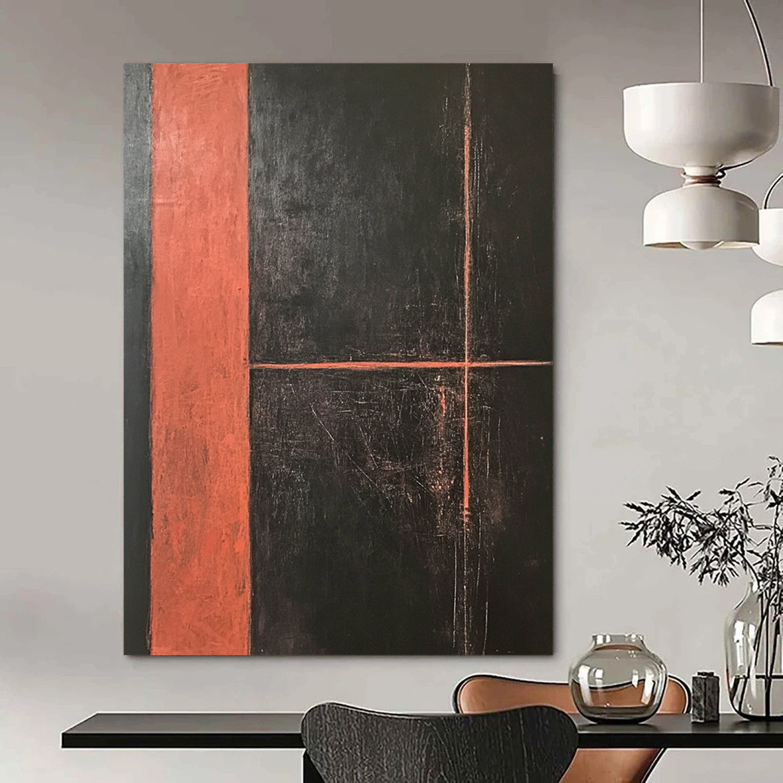 Large contemporary hand-painted abstract artwork featuring a dark orange rectangle with dynamic lines on a striking black background, showcasing bold textures and brush strokes. DLZ1282