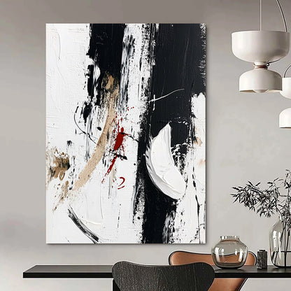 Contemporary abstract artwork features striking black brush strokes with white shoes embellished by vibrant red paint scribbles, embodying minimalism and fashion art style. DLZ0818