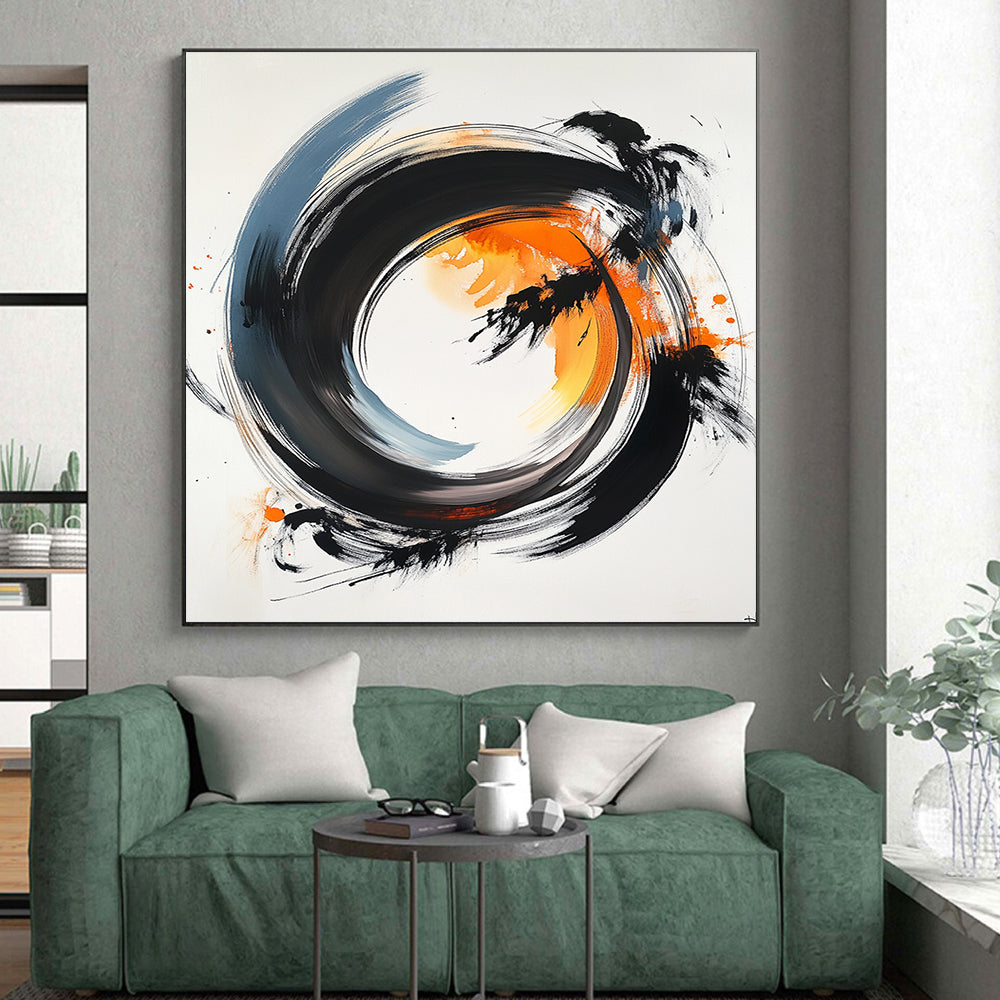 Black, Gray, Orange Swirling Rings - “Energetic Ring Dance” Painting On Canvas HB182