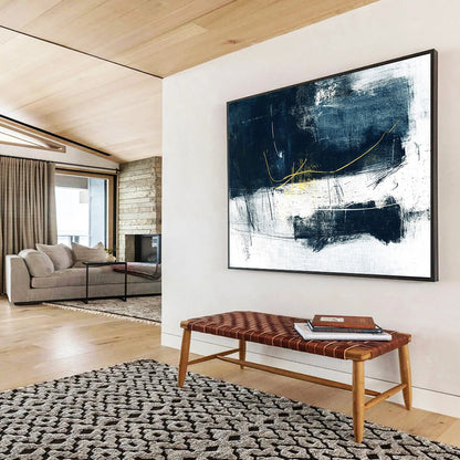 “Navy - Gold Abstract Strokes” - Navy, Gold, White, Black with Expressive Lines - Abstract Acrylic HB1365