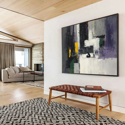 “Colorful Abstract with Figure” - Gray, Purple, Yellow, Green, Figure Silhouette - Painting On Canvas HB1428