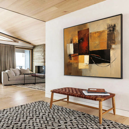 “Brown Geometric Abstract” - Brown, Gold, Black, White, Geometric Forms - Painting On Canvas HB1427