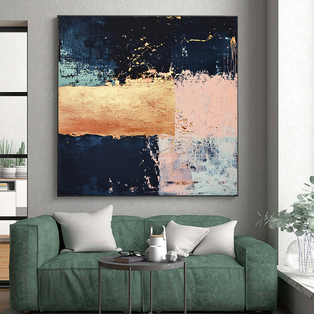 Dark Blue, Light Blue, Pink, Gold, Geometric Blocks "Coastal Opulence" Abstract Painting On Canvas HB031