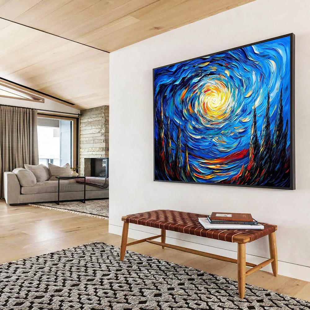 “Swirling Starry Night” - Deep Blues, Bright Yellows, Oranges, Dynamic Starry Sky - Impasto Oil Painting HB1721