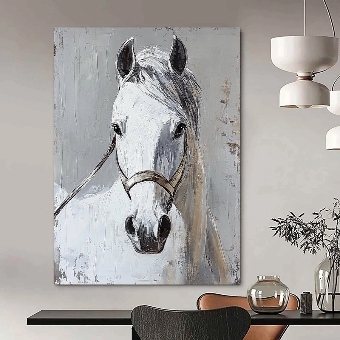 Contemporary abstract painting featuring a white horse head on a grey background showcasing vibrant colors and dynamic brushstrokes. DLZ1744