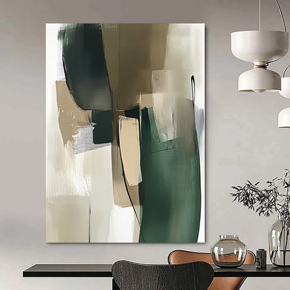 Contemporary abstract painting showcasing a green and beige palette with thick brush strokes and minimalistic shapes in a modernist style. DLZ0535