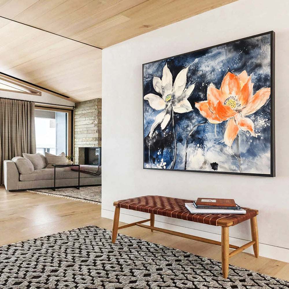 “Lotus Flowers In Blue” - Blue, White, Orange, Ink - Wash Floral Painting On Canvas HB0680