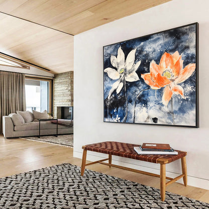 “Lotus Flowers In Blue” - Blue, White, Orange, Ink - Wash Floral Painting On Canvas HB0680