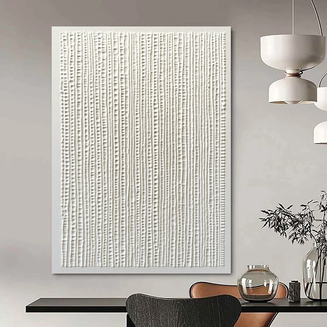 Contemporary abstract painting featuring white paper texture with vertical lines and overlapping gray strokes, creating a serene and minimalist aesthetic. DLZ1747