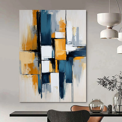 Contemporary hand-painted abstract art featuring dynamic lines and bold blocks in blue, white, gray, and mustard yellow colors for a striking visual impact. DLZ0496
