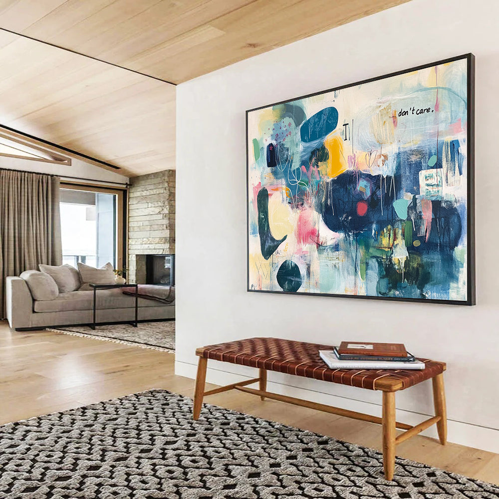 “Colorful Chaos with Text” - Multicolor, Abstract Forms, “don't care” Text - Contemporary Mixed - Media Acrylic Painting HB1550