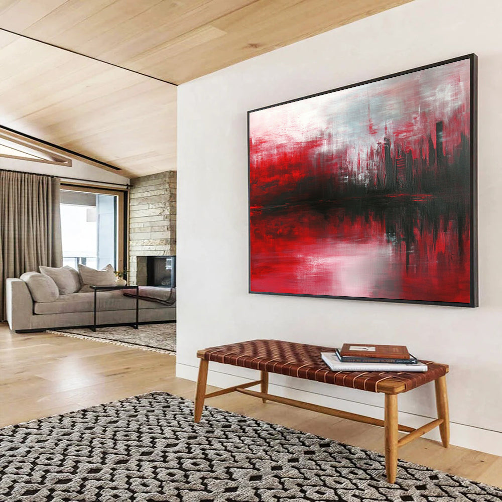 “Red Cityscape Reflection” - Red, Gray, Black - Abstract City Reflection - Oil Painting HB1298
