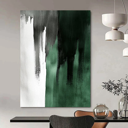 Large contemporary hand-painted abstract artwork featuring emerald green and gray with elegant brushstrokes creating a striking light and shadow contrast. DLZ1736