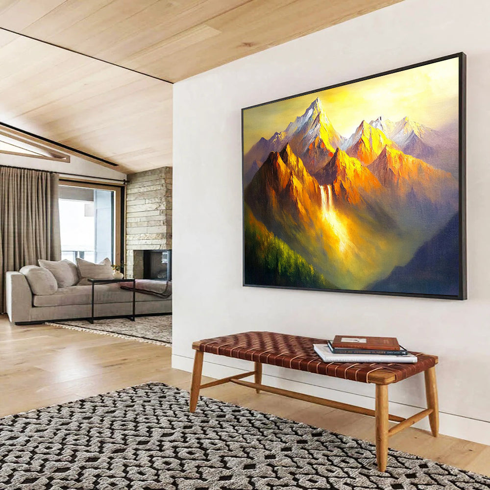 “Golden Mountain Waterfall” - Oranges, Yellows, Greens, Mountain with Waterfall in Golden Light - Dramatic Oil Painting HB1712