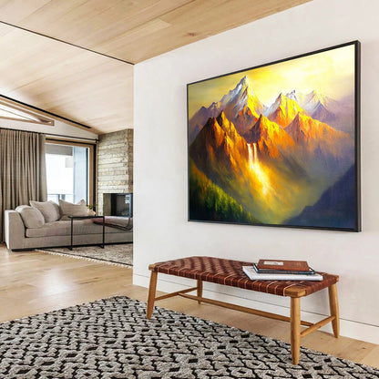 “Golden Mountain Waterfall” - Oranges, Yellows, Greens, Mountain with Waterfall in Golden Light - Dramatic Oil Painting HB1712