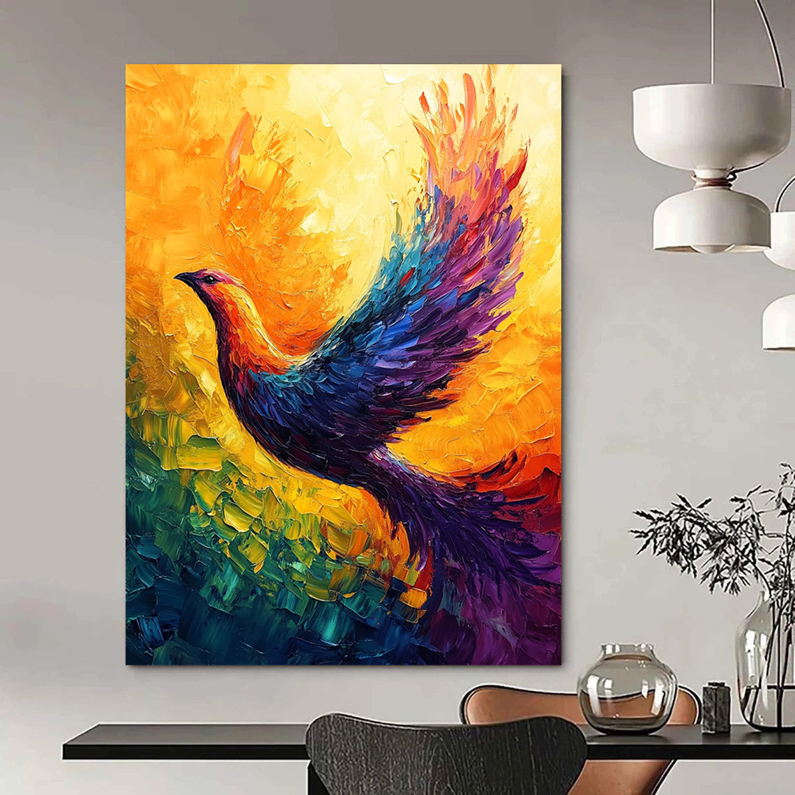 Contemporary abstract art featuring a vibrant phoenix with radiant colors and dynamic brush strokes, creating a captivating display of movement and energy. DLZ1500