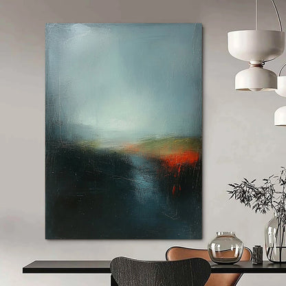 Contemporary abstract artwork featuring deep sky blue and green with red highlights, layered under a dark gray misty sky, inspired by Turner's atmospheric style. DLZ0400
