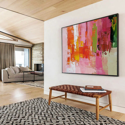 “Vibrant Urban Patchwork” - Pink, Orange, Yellow, Green, Abstract Cityscape - like Blocks Painting On Canvas HB1076