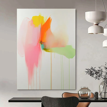 Vibrant contemporary abstract artwork featuring soft pink orange and green tones with pastel drips on a white background creating a serene visual experience. DLZ1063