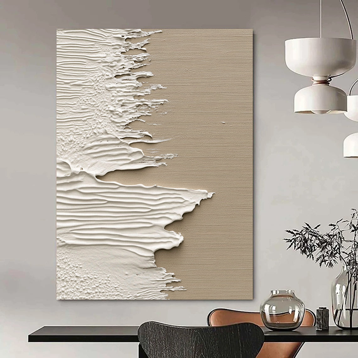 Contemporary abstract artwork featuring textured white paint on wood with a beige backdrop inspired by ocean waves in a unique splash art style. DLZ1232