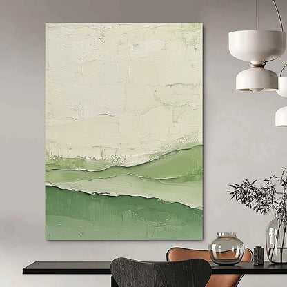 Contemporary abstract artwork featuring impasto technique with calm green and white tones and layered cream swatches evocative of serene water waves. DLZ1350