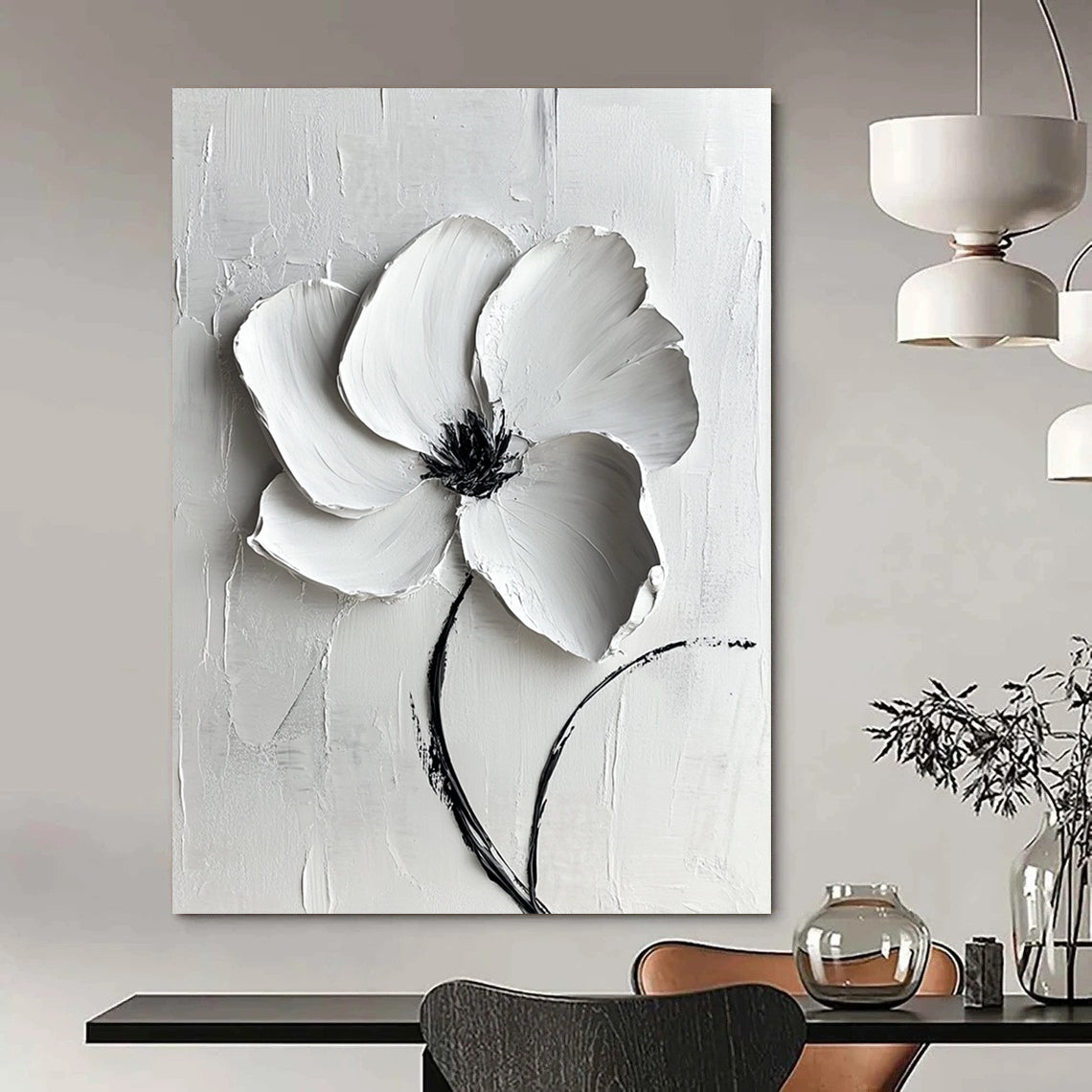 Contemporary large abstract painting featuring a white flower with textured lines and gentle lighting on a pure white background. DLZ1741