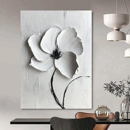 Contemporary large abstract painting featuring a white flower with textured lines and gentle lighting on a pure white background. DLZ1741