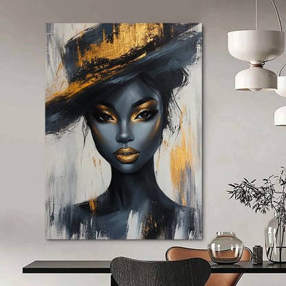 Contemporary abstract portrait of a Black woman with gold accents and elegant hat on white and grey background, crafted in acrylic on canvas. DLZ0784