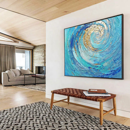 “Golden - Blue Spiral Flow” - Blue, Gold, Spiral Waves Painting On Canvas HB0726