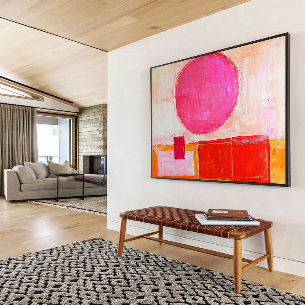 “Pink Sphere & Reds” - Bold pink, warm reds, soft oranges, whites; Geometric sphere and blocks; Modern Abstract Painting On Canvas HB1155